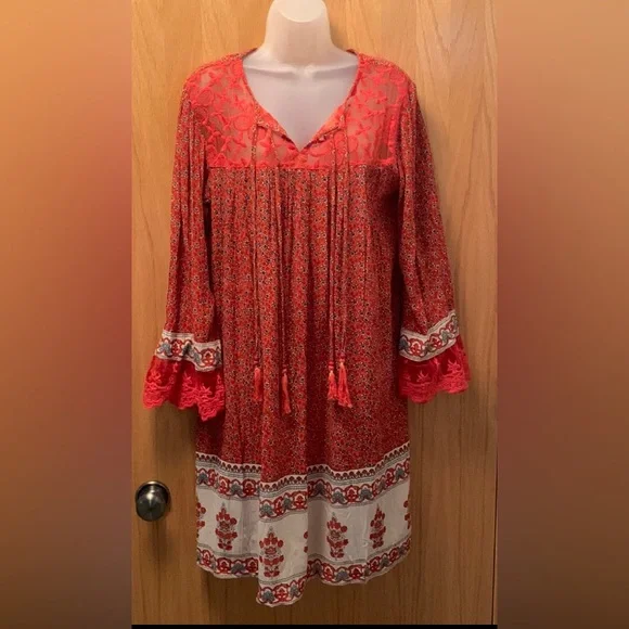 Boho Red Lace Print Long Sleeved Dress S R Fashion - Picture 1 of 13